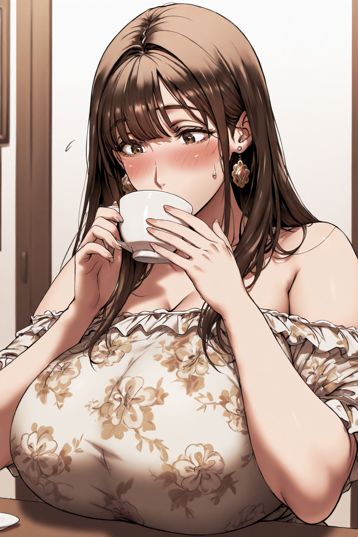 29797-48342338-masterpiece, best quality,__lora_oltlo style_1__oltlo style, 1girl, cup, drinking, earrings, jewelry, solo, blush, long hair, ho oltlo style/ IL style Lora