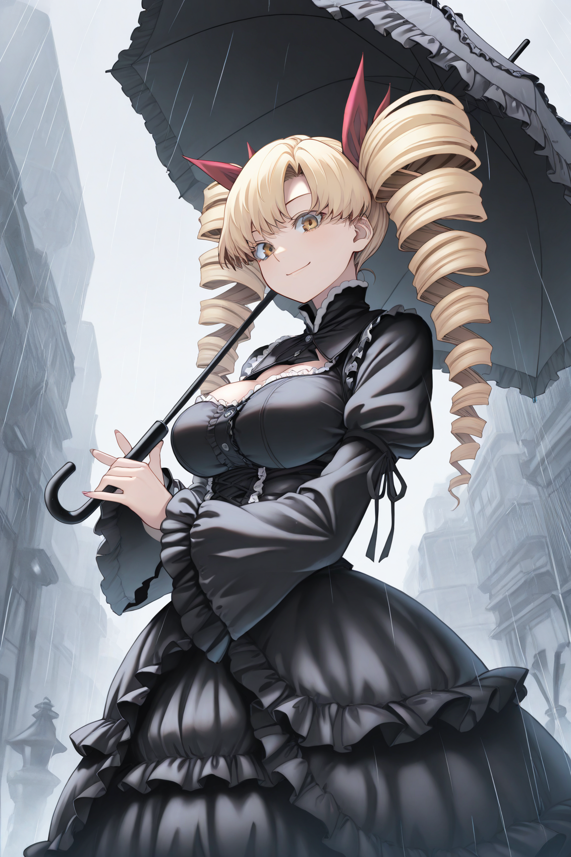 30647-2407418442-masterpiece, best quality,_akae shirou style, 1girl,solo, long hair, large breasts,gothic lolita,frilled dress,twin drills,smile akae shirou style朱江士朗/ IL style Lora