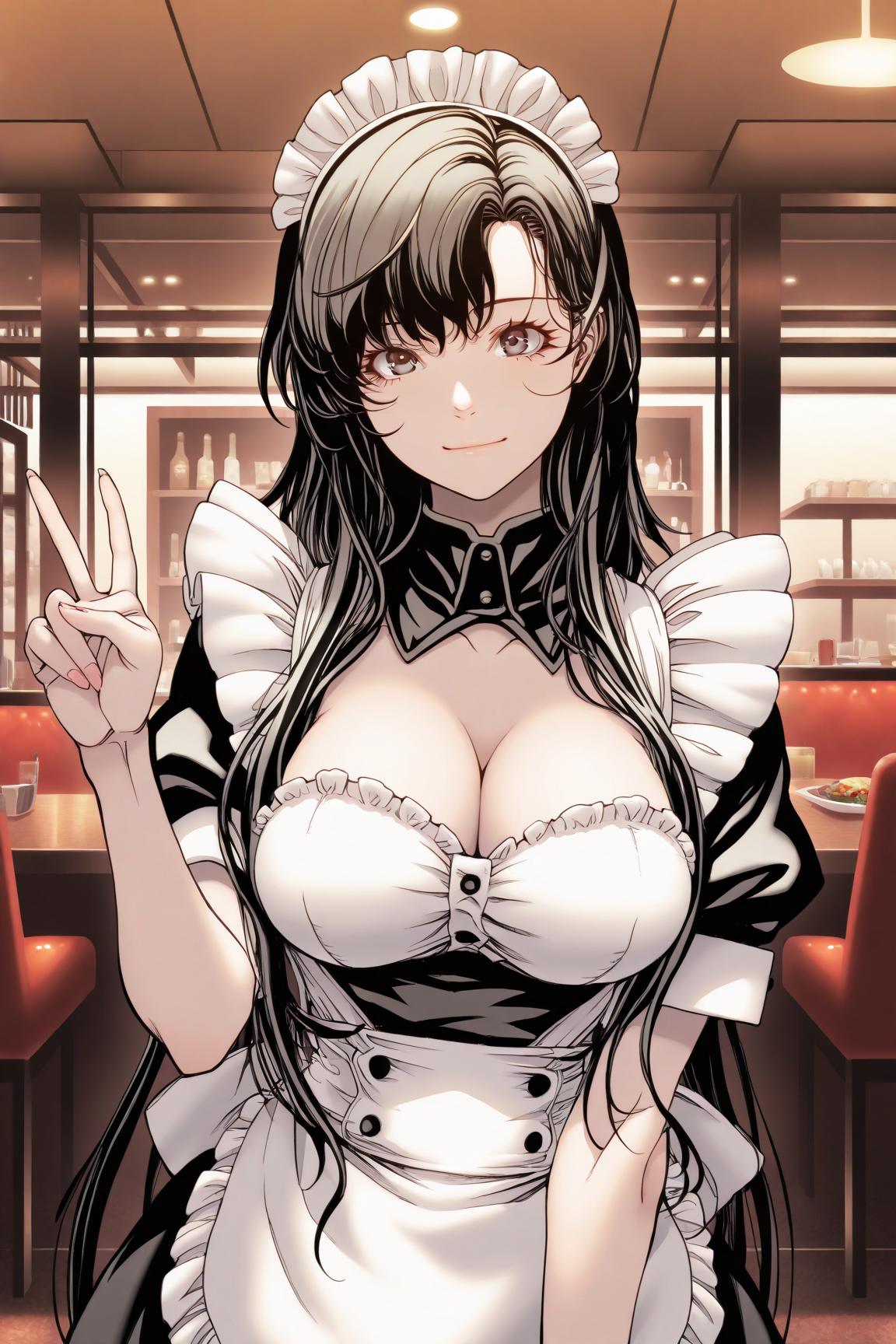 30658-510170452-masterpiece, best quality,restaurant, _akae shirou style, 1girl,solo, long hair, large breasts,maid headdress,maid,maid apron,ag akae shirou style朱江士朗/ IL style Lora