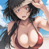 30670-2713498809-masterpiece, best quality,sweatdrop,beach,sunlight, _akae shirou style, 1girl,solo, long hair, large breasts,black hair,aged up, akae shirou style朱江士朗/ IL style Lora