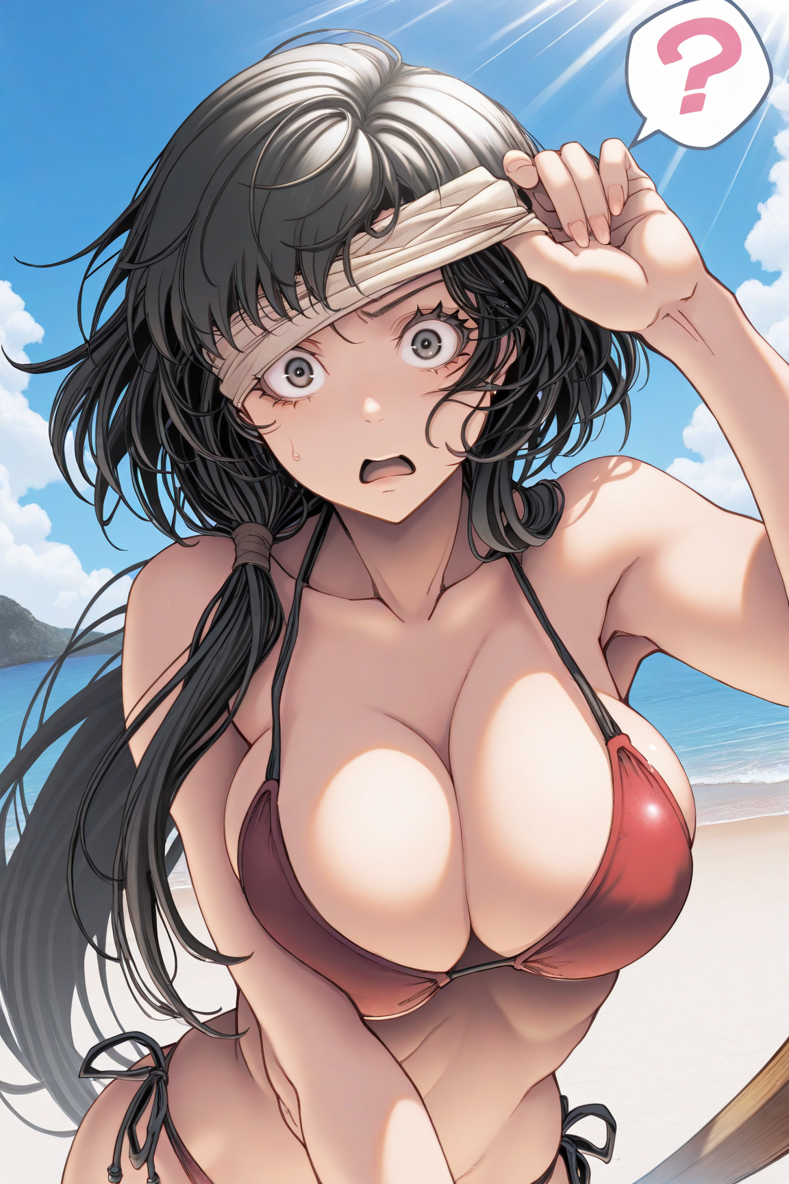 30670-2713498809-masterpiece, best quality,sweatdrop,beach,sunlight, _akae shirou style, 1girl,solo, long hair, large breasts,black hair,aged up, akae shirou style朱江士朗/ IL style Lora