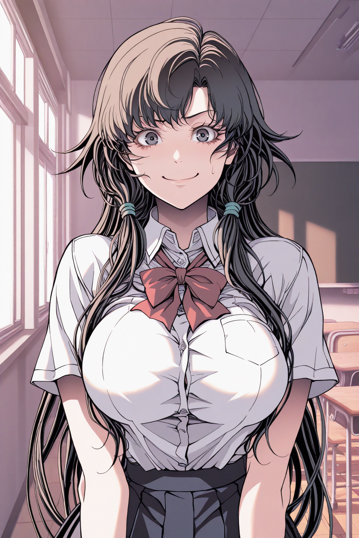 30673-2104118186-masterpiece, best quality,sweatdrop,classroom, _akae shirou style, 1girl,solo, long hair, large breasts,aged up,eyelashes,smile, akae shirou style朱江士朗/ IL style Lora