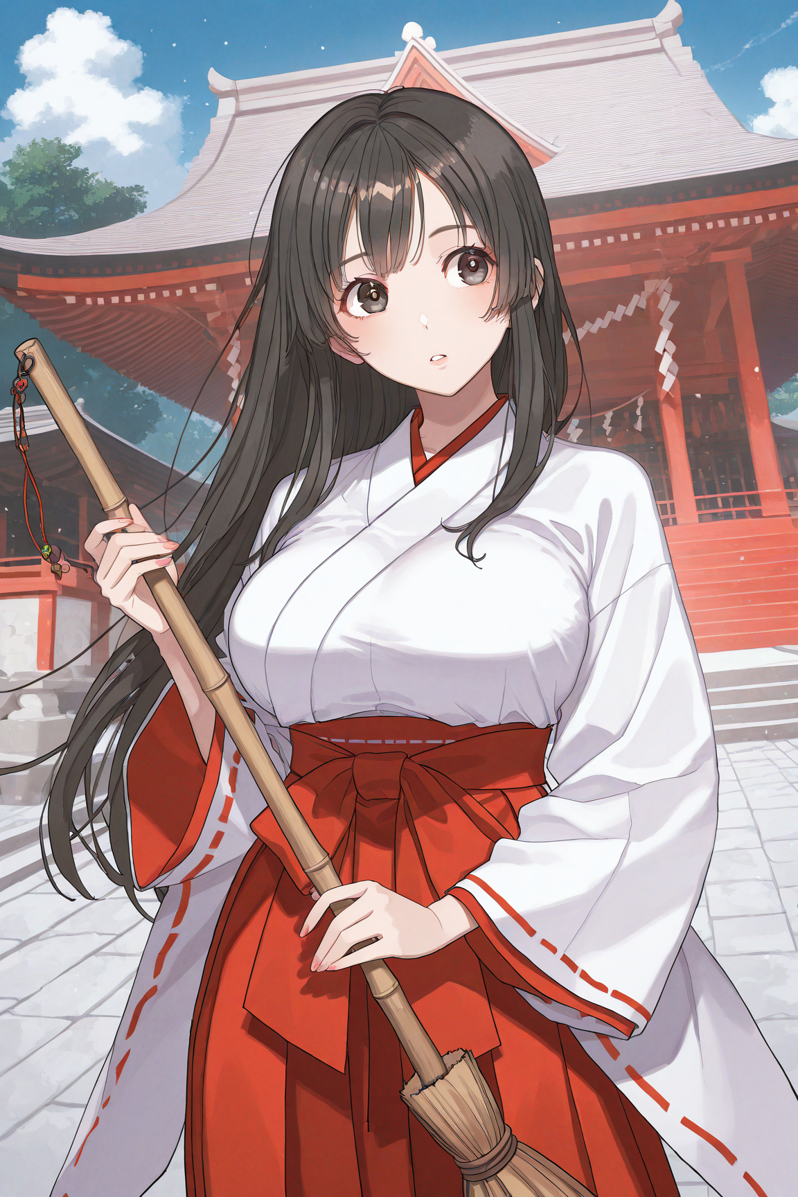 31134-1281611528-masterpiece, best quality,cowboy shot, outdoors, __lora_Cheri-ko style_0.9_,_Cheri-ko style, 1girl,solo,large breasts,miko, hold Cheri-koチェリ子 style/ IL style Lora