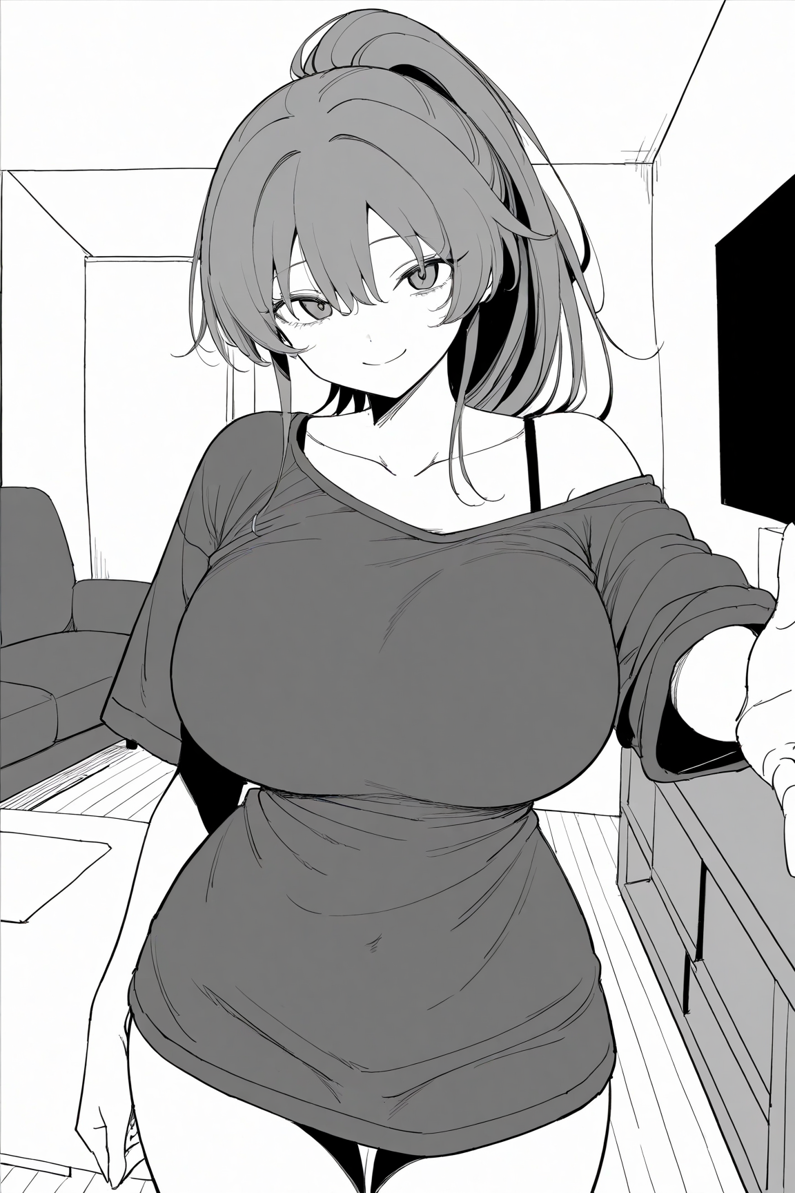 32264-3200498764-masterpiece-best-qualitycowboy-shot-living-room-_tusyn-style-1girl-ponytail-monochrome-greyscale-large-breastsloose-sh.webp tusyn style / IL style Lora