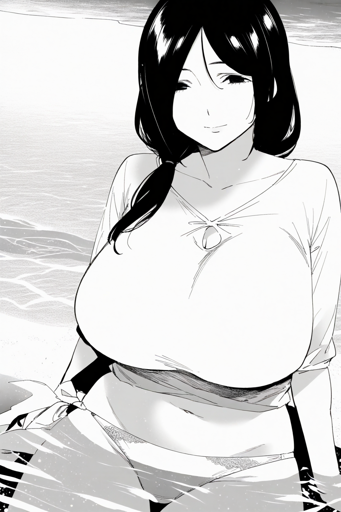 33972-3767510077-masterpiece, best quality,beach,cowboy shot, greyscale, monochrome, hatching _(texture_),partially submerged, __lora_Takamura Ho Takamura Honami篁穗波(Destiny Loversデスティニーラバーズ) / IL Character Lora