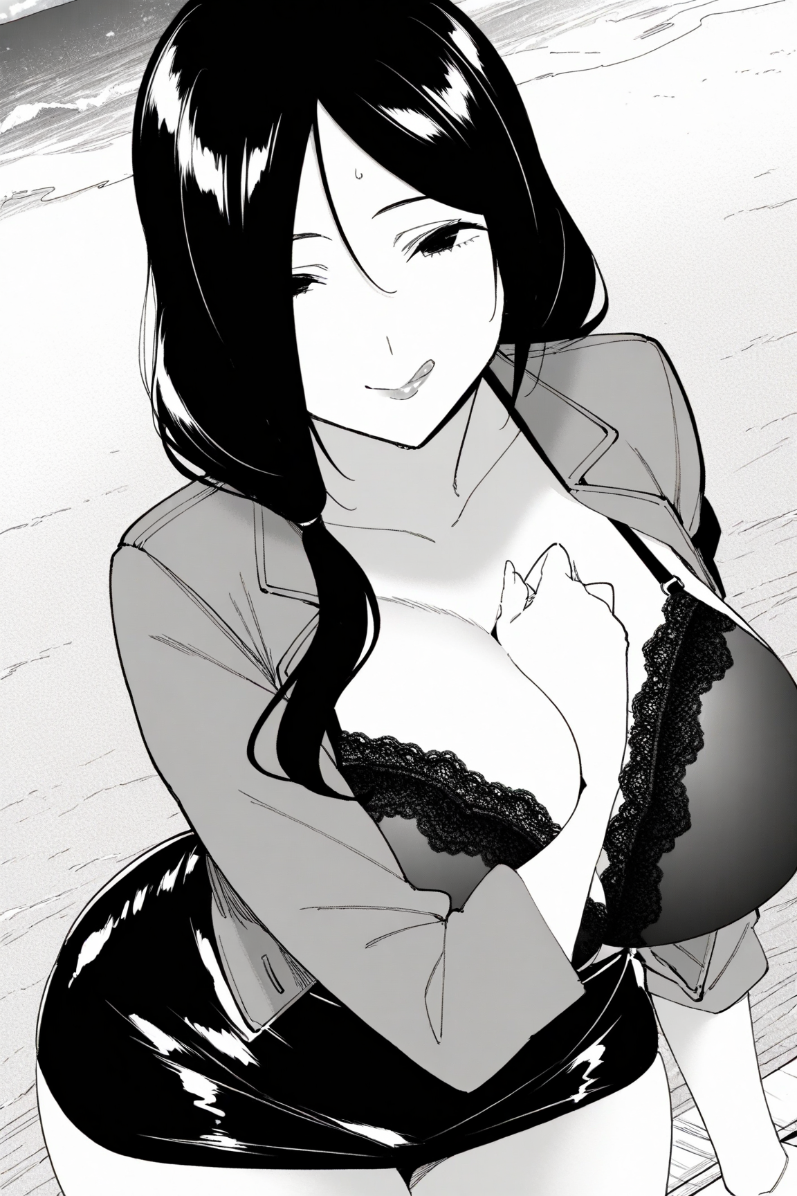 39994-1987717916-masterpiece, best quality,beach,cowboy shot, greyscale, monochrome, hatching _(texture_),__lora_Takamura Honami_1__Takamura Hona Takamura Honami篁穗波(Destiny Loversデスティニーラバーズ) / IL Character Lora
