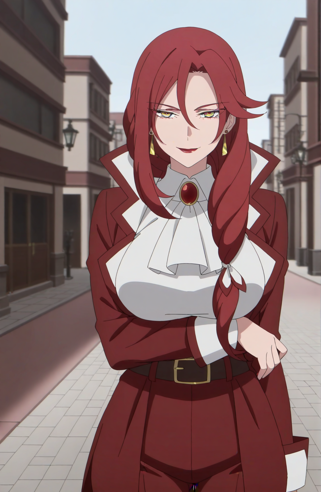 41848-3835682196-masterpiece, best quality,__lora_Eltria Octave_1_,_Eltria Octave, 1girl, jewelry, solo, earrings, lipstick, yellow eyes, red hai Eltria Octaveエルトリア オクターブ(The Strongest Magician in the Demon Lord's Army Was a Human魔王軍最強の魔術師は人間だった) / IL Character Lora