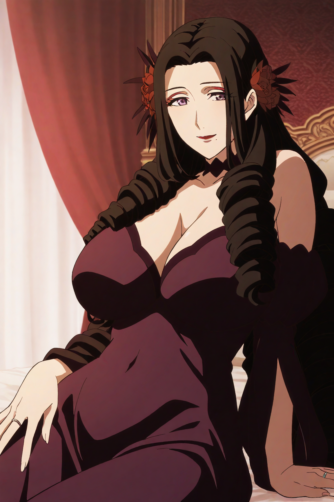 42013-3715092415-masterpiece, best quality,cowboy shot,_Edokia Colorha, 1girl, black hair,makeup,purple eyes,forehead, hair flower,mole under mou Edokia Colorhaエドキア・カラーハ(Record of Grancrest Warグランクレスト戦記) / IL Character Lora