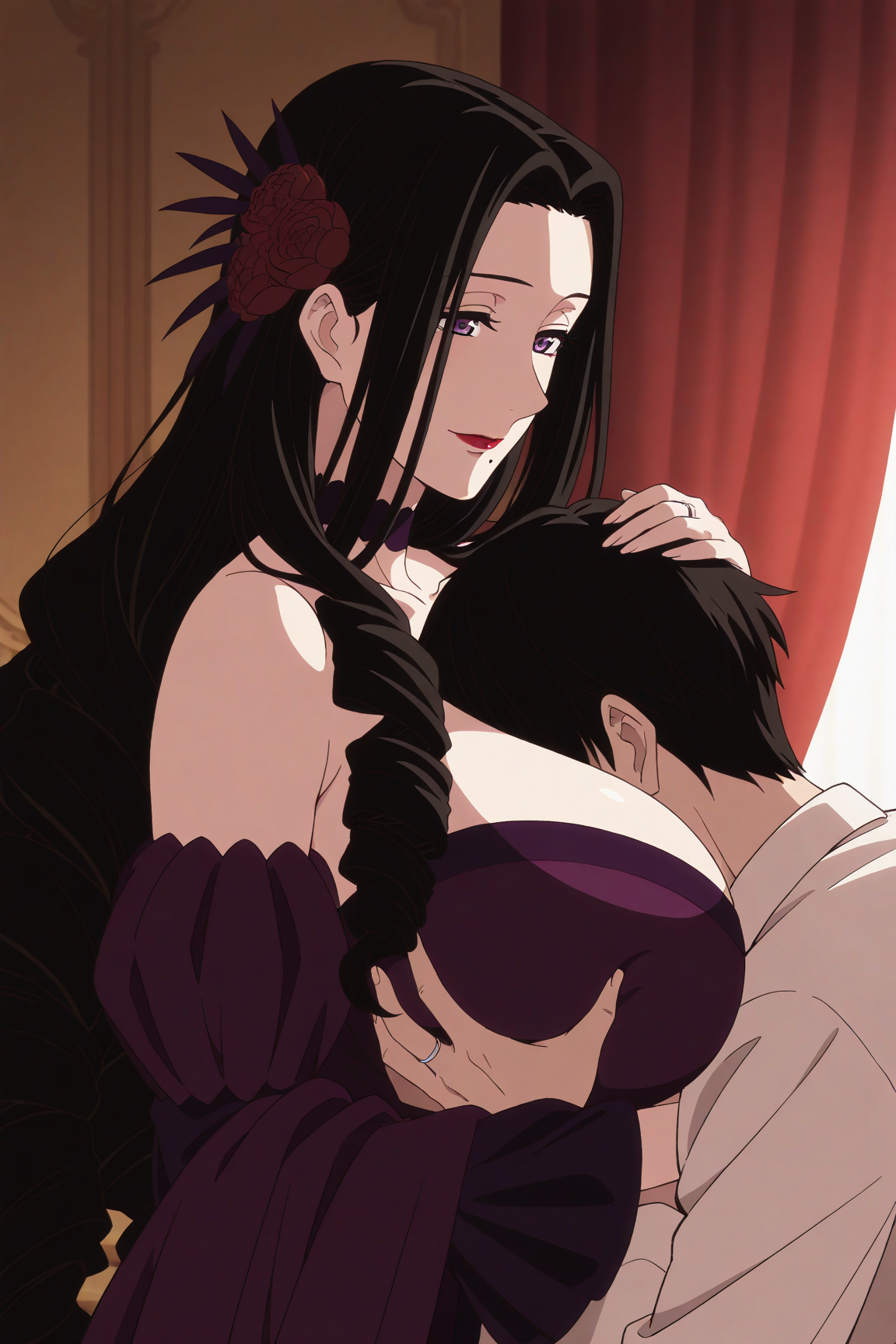 42023-1991505588-masterpiece, best quality,upper body,from side,_Edokia Colorha, 1girl, black hair,makeup,purple eyes,forehead, hair flower,mole 【Uncensored】0118 Edokia Colorhaエドキア・カラーハ(Record of Grancrest Warグランクレスト戦記) Full pics+2videos