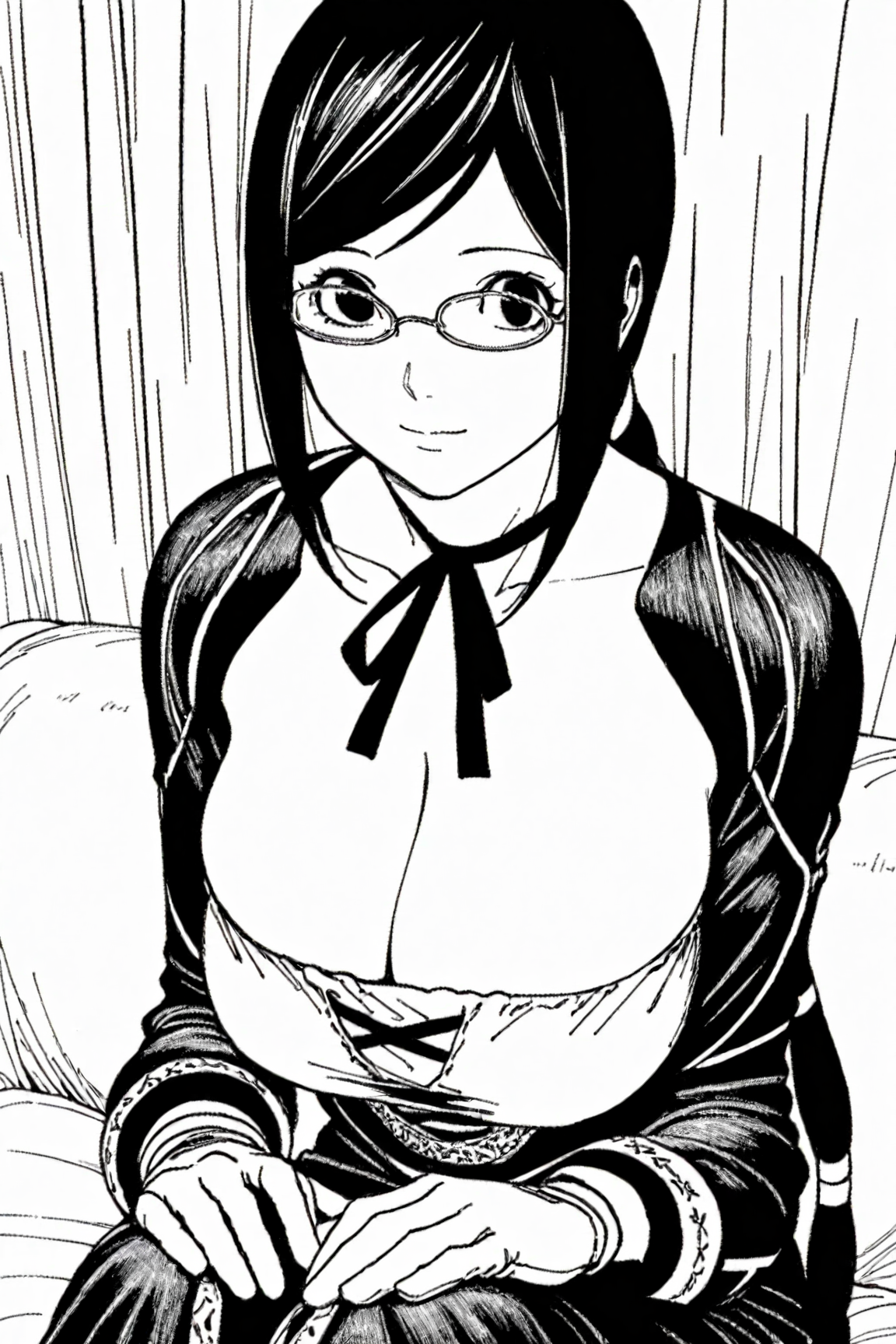 45274-1277517596-masterpiece, best quality, _lora_Mioミオ_1_,cowboy shot,_Mio, 1girl, solo, glasses, black hair, gloves, short hair, monochrome,gr Mioミオ(BLUE DRAGON ラルΩグラド) / IL Character Lora